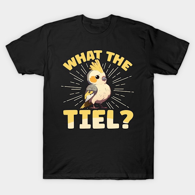 What the tiel? Design for a Cockatiel birder T-Shirt by ErdnussbutterToast